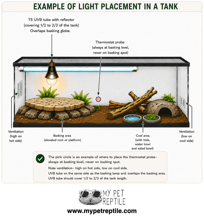 Cross section of a reptile tank showing UVB light placement over the basking area and thermostat probe at basking level with a cool area and water dish nearby